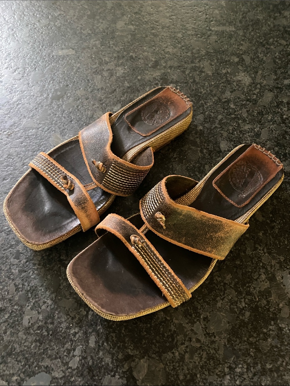 Timberland Brown Leather Slide Sandals with Textured Straps